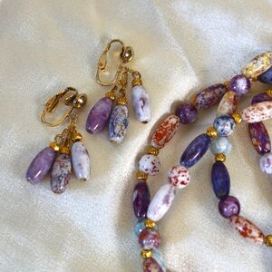 Vintage glass multicolored bead necklace and earrings set